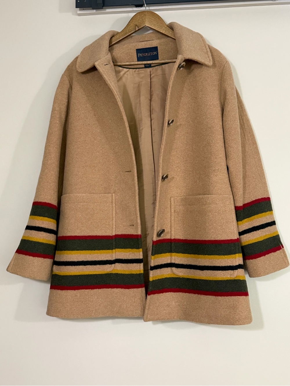 PENDLETON Women's Camel Wool blend Stripe Coat, sz M - Picture 2 of 9